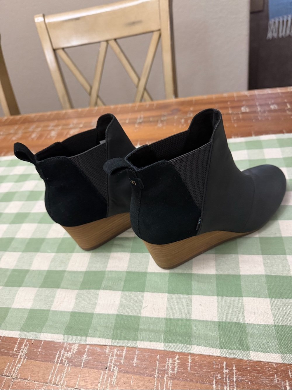 Toms Black Wedge Ankle Booties with Tan Stacked Heel